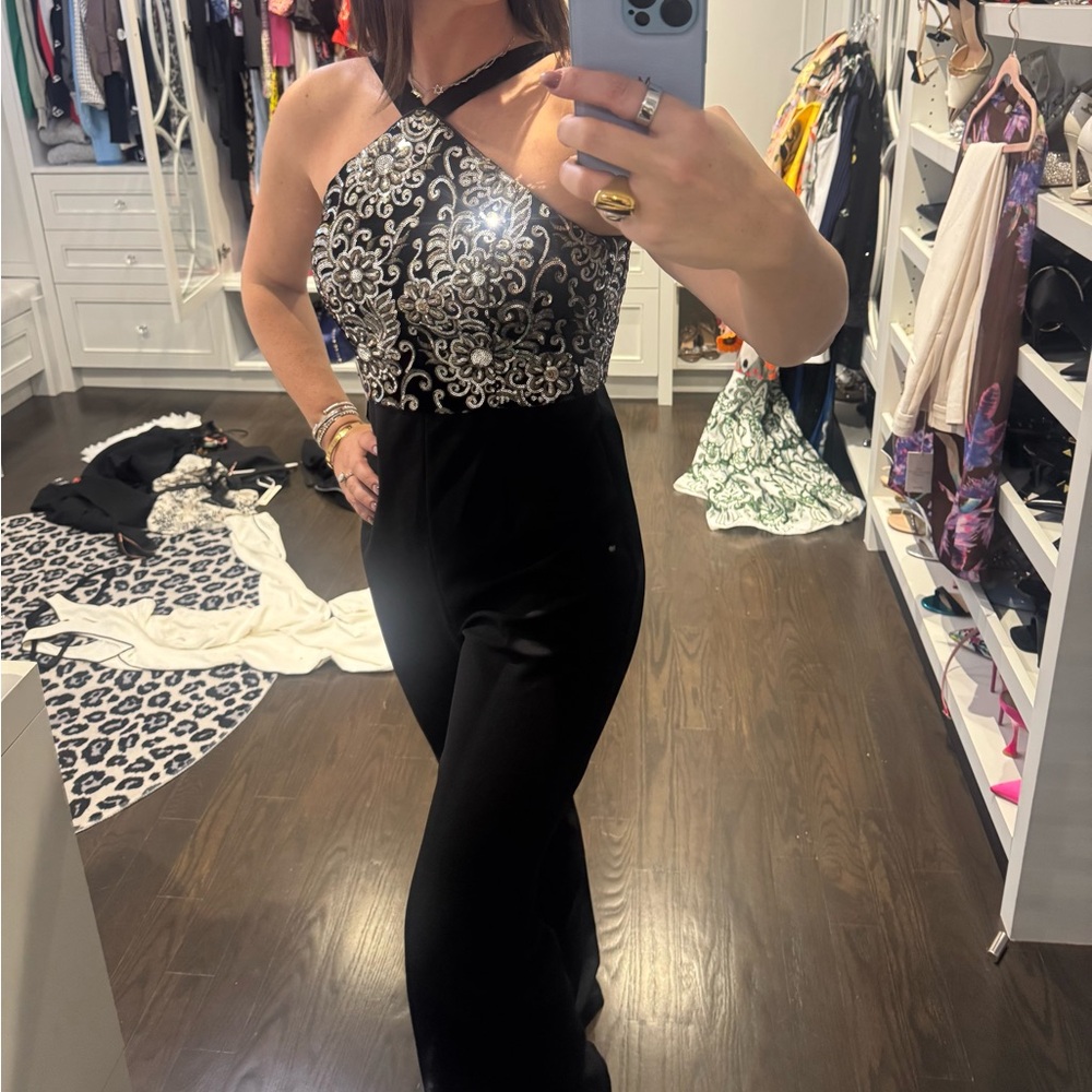 Adrianna Papell Black and Silver Halter Jumpsuit- NEW with TAG